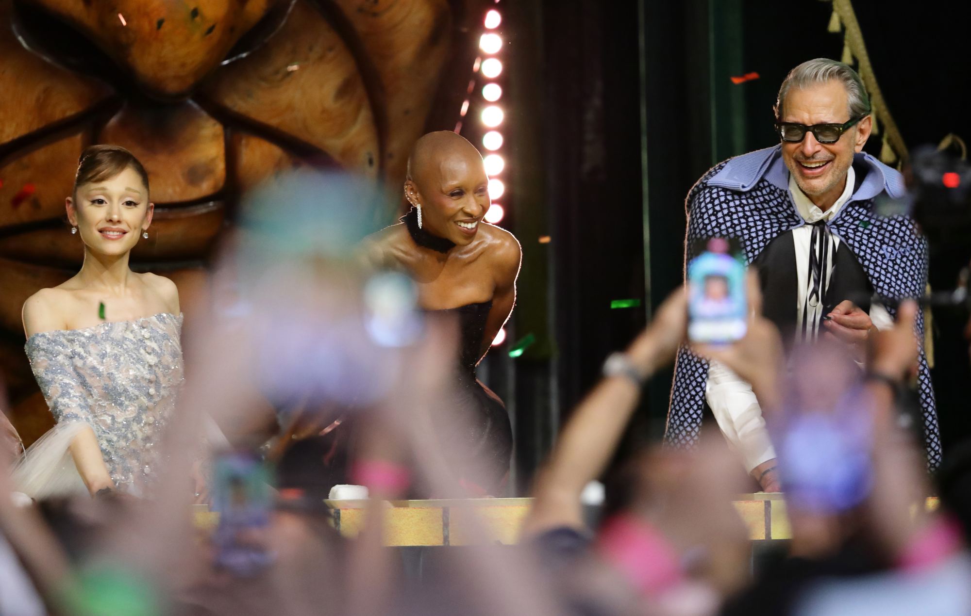 Ariana Grande, Cynthia Erivo and Jeff Goldblum during the handprint ceremony of the 'Wicked: For Good' Premiere at Universal Studio Singapore (Photo by Suhaimi Abdullah/Getty Images)