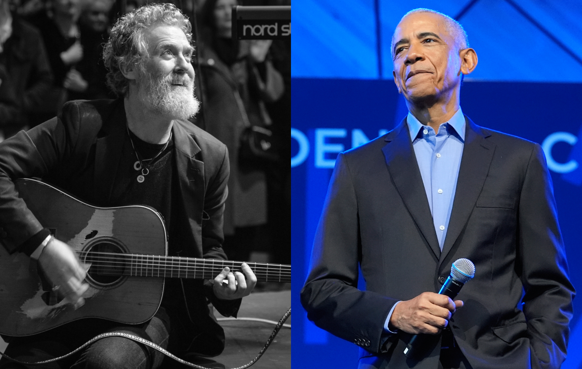 two side by side photographs of Glen Hansard (left) and Barack Obama (right)