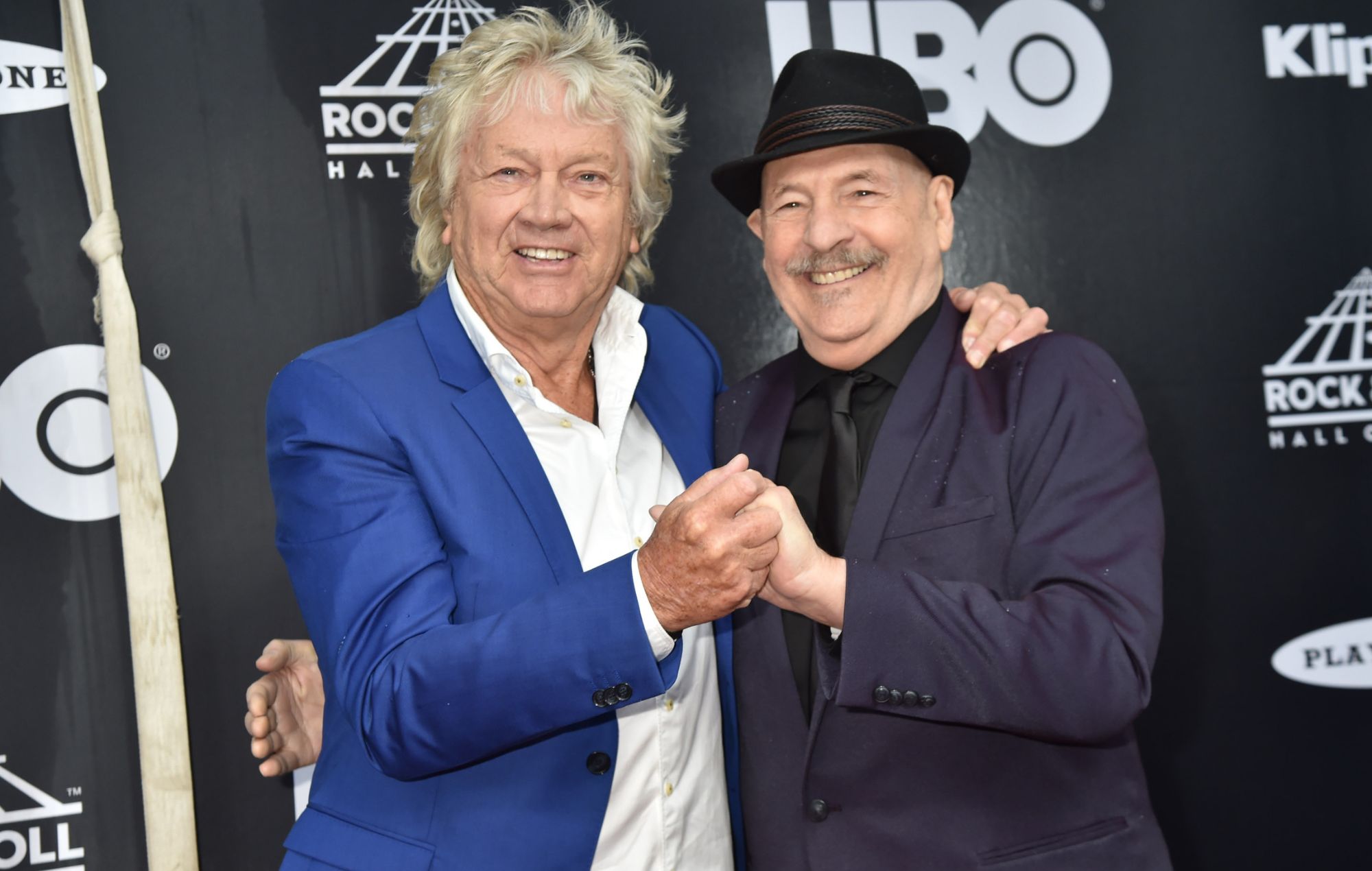 John Lodge and Mike Pinder of The Moody Blues attend the 33rd Annual Rock & Roll Hall of Fame Induction Ceremony at Public Auditorium on April 14, 2018 in Cleveland, Ohio.