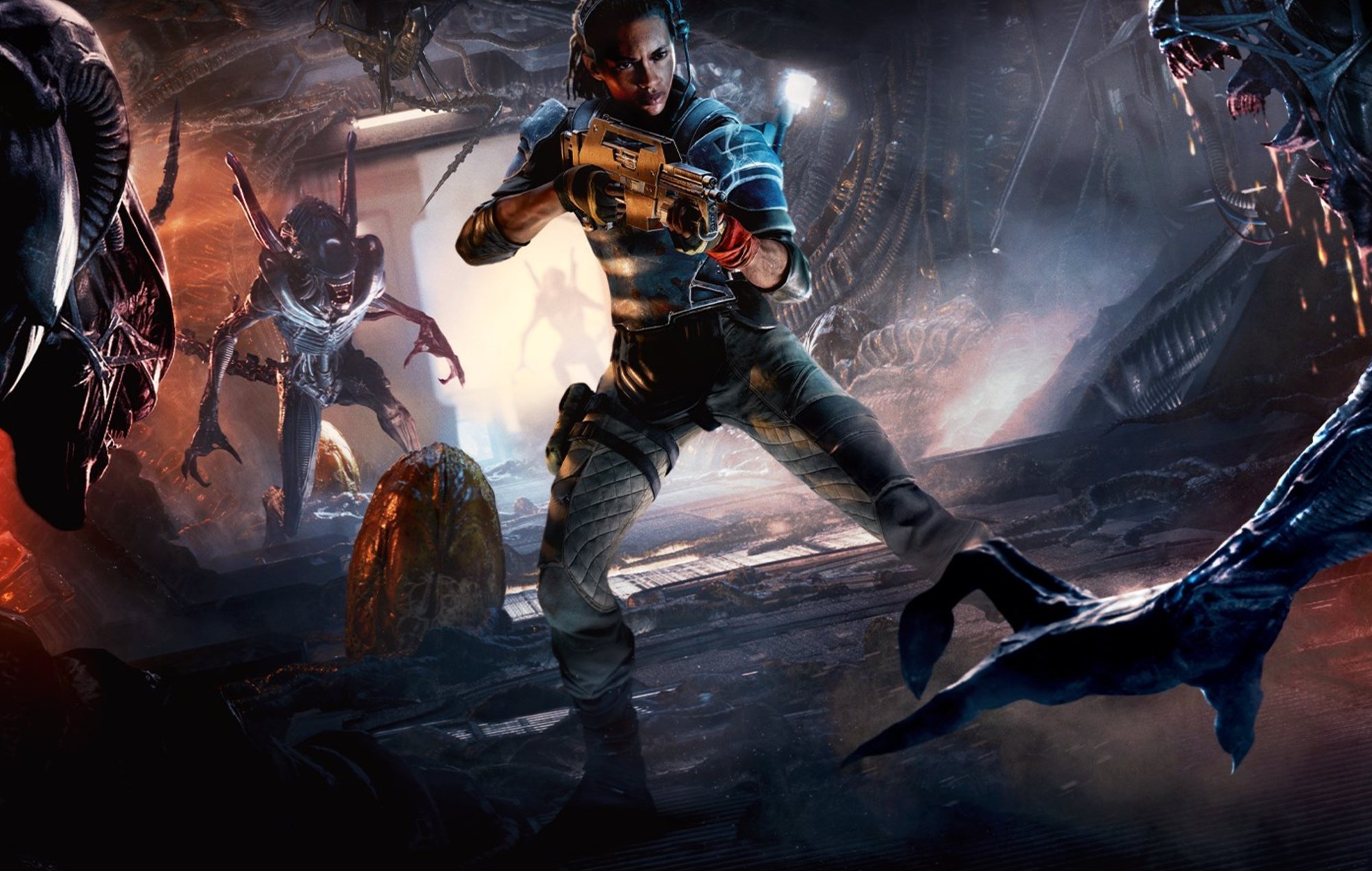 PS Plus September 2026 Games: A person can be seen holding a weapon shooting Xenomorphs.