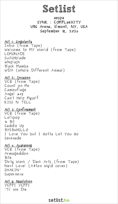 aespa Setlist UBS Arena, Elmont, NY, USA 2026, SYNK : COMPLaeXITY
