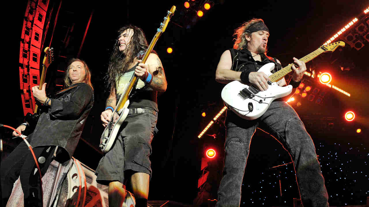 Iron Maiden performing live onstage in 2011