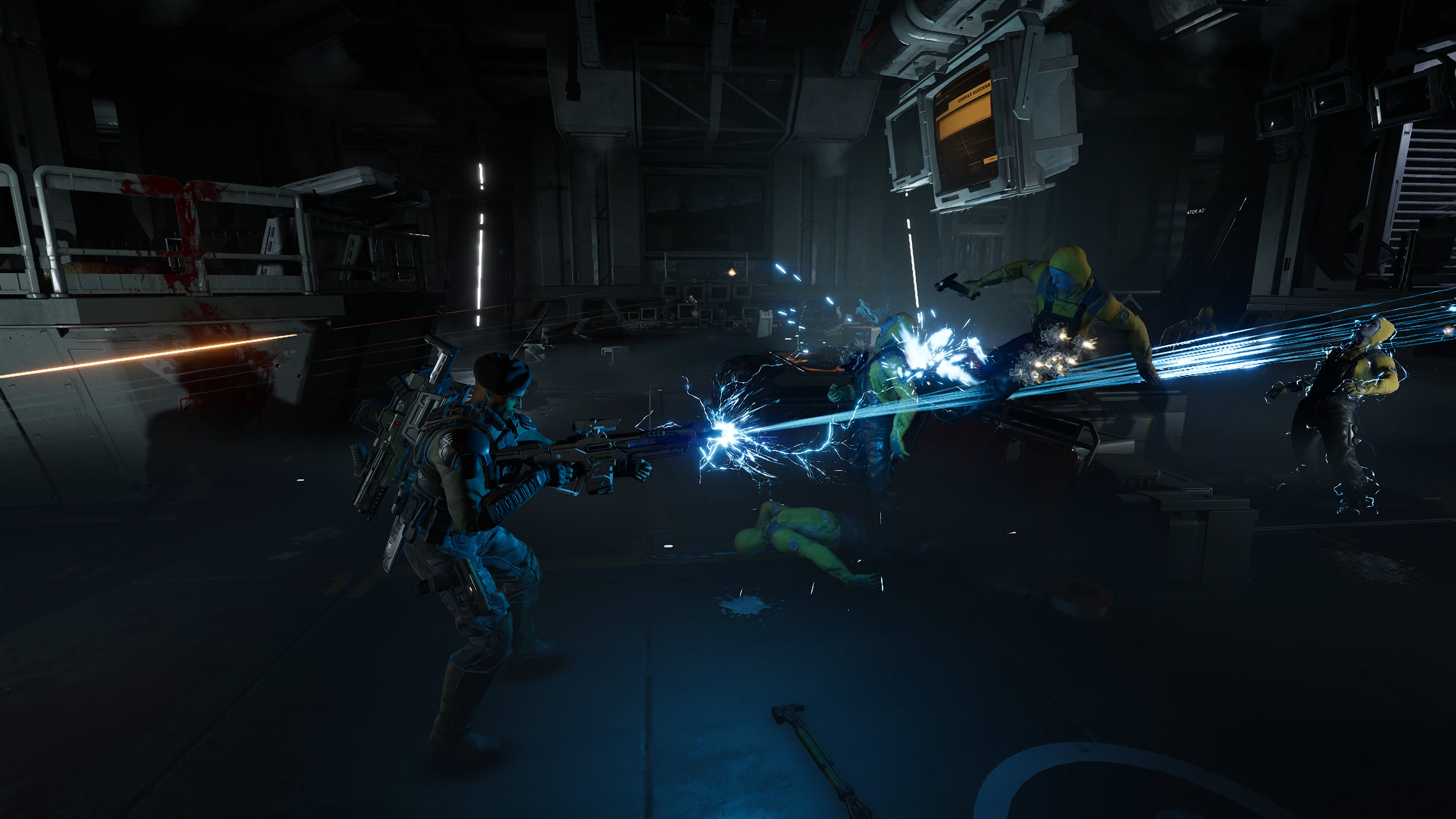 A dark industrial setting with workers in protective gear welding and using power tools, creating sparks and bright flashes of light.
